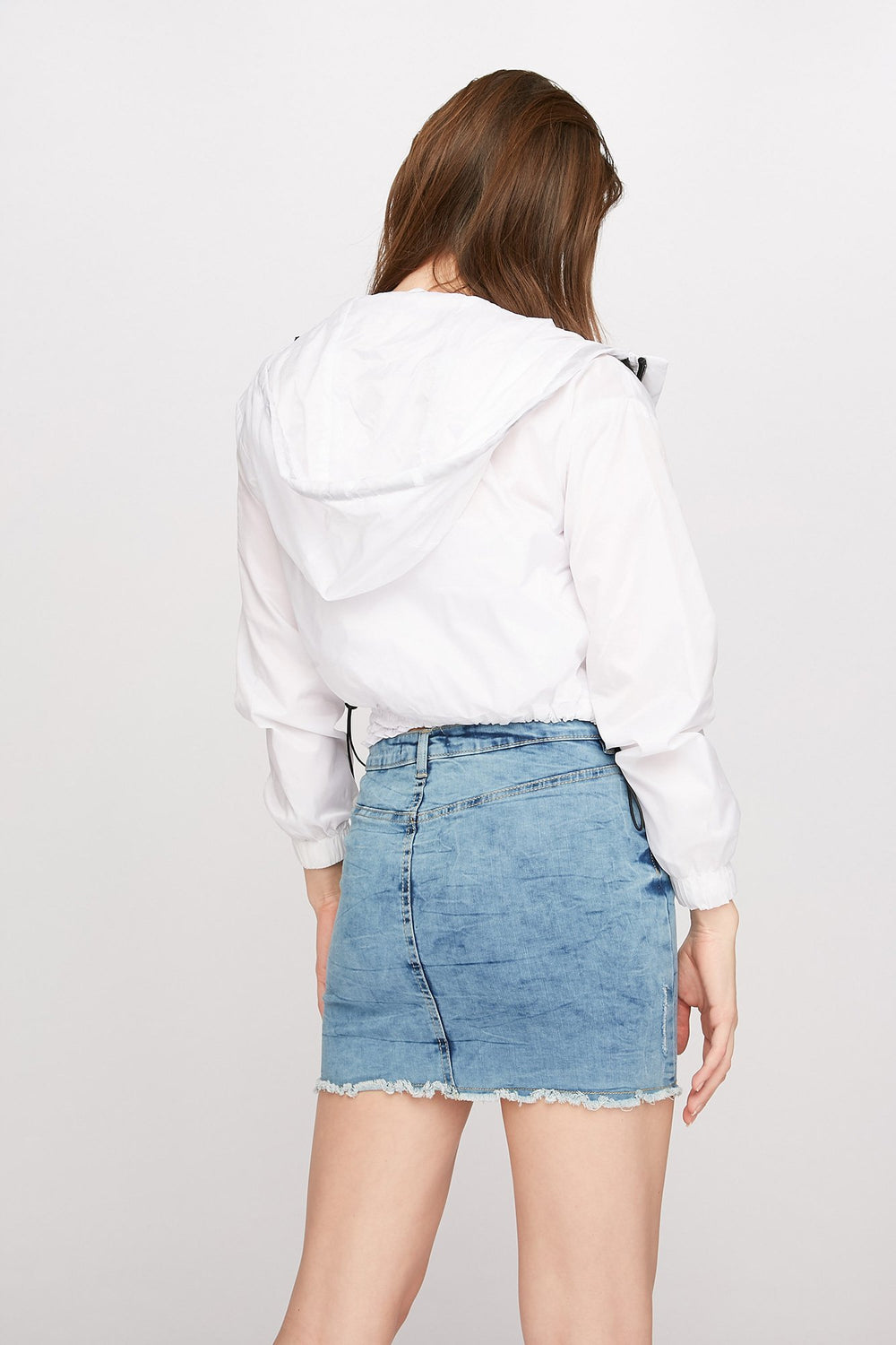 Women High-Rise Frayed Hem Distressed Mini Denim Skirt Light Denim Blue