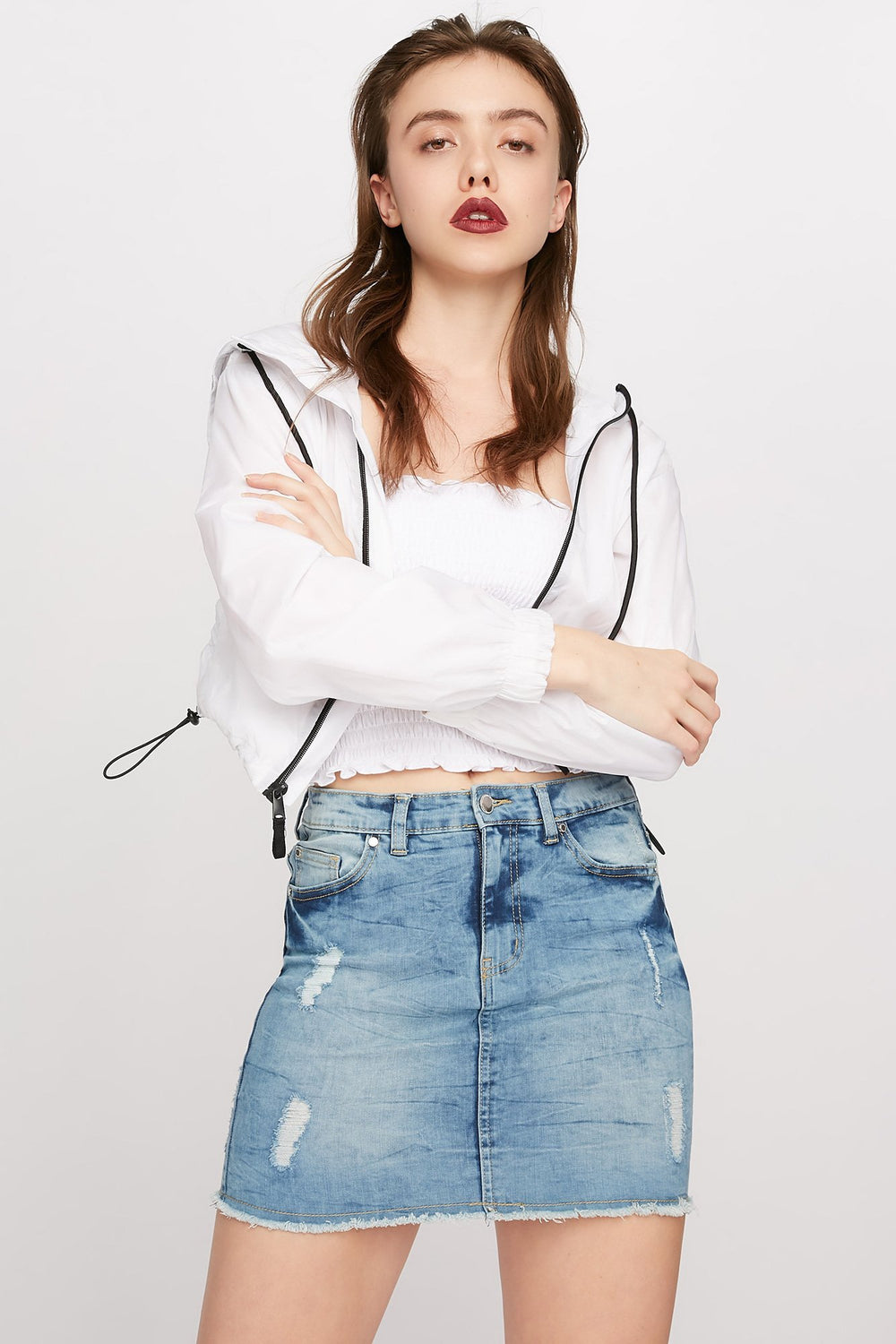 Women High-Rise Frayed Hem Distressed Mini Denim Skirt Light Denim Blue