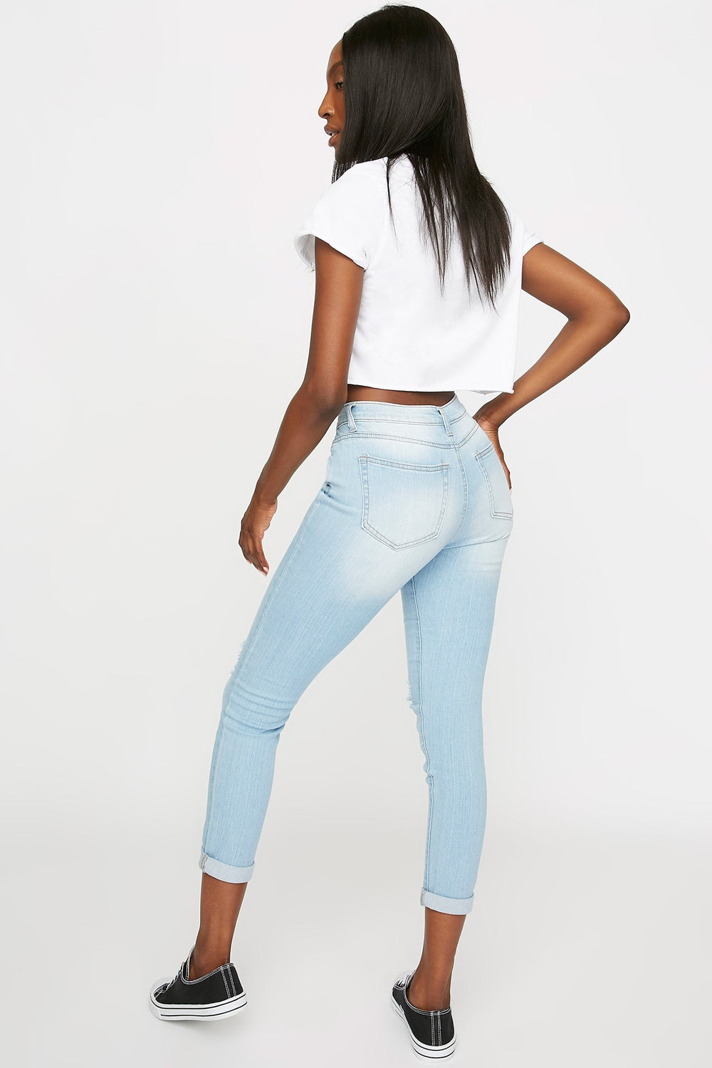 Women Mid-Rise Distressed Roll-Up Skinny Jean Light Denim Blue