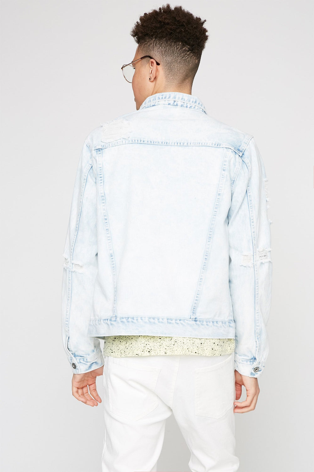 Men Acid Wash Distressed Denim Trucker Jacket Light Denim Blue
