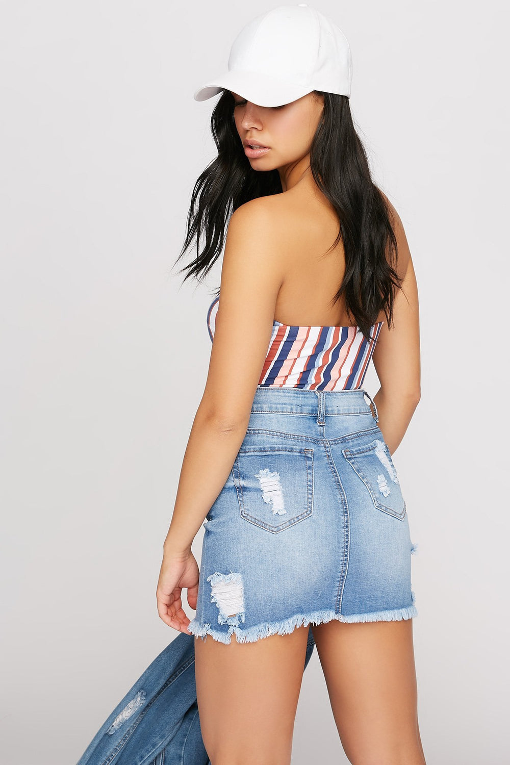 Women Distressed Frayed Hem Denim Mini Skirt Light Denim Blue