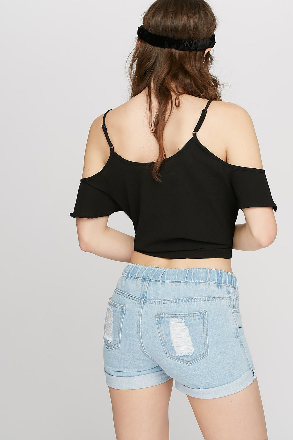 Women Distressed Roll-Up Drawstring Denim Short Light Denim Blue