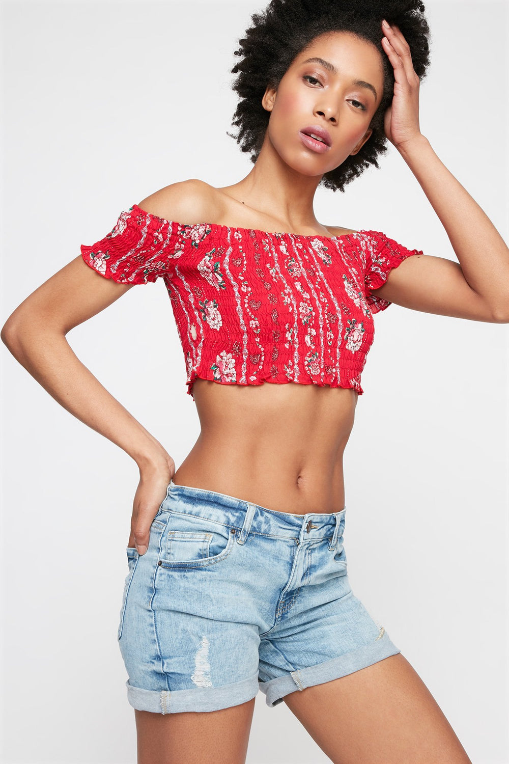 Women High-Rise Roll-Up Distressed Denim Short Light Denim Blue
