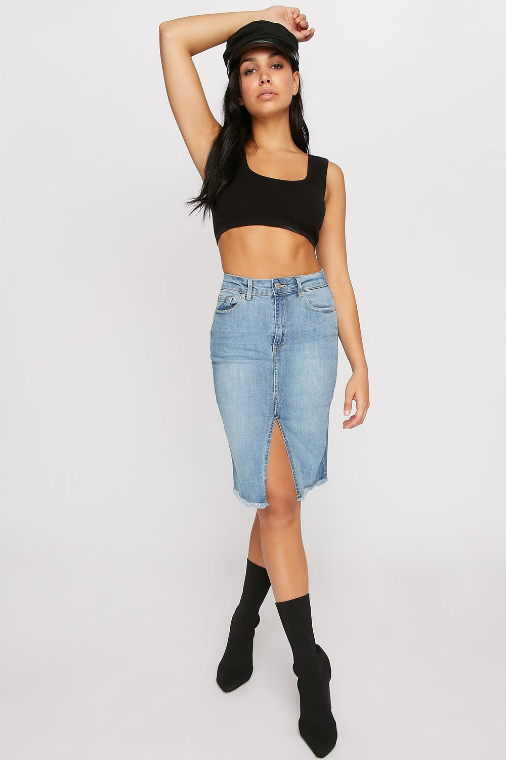 Women High-Rise V-Cut Midi Denim Skirt Light Denim Blue