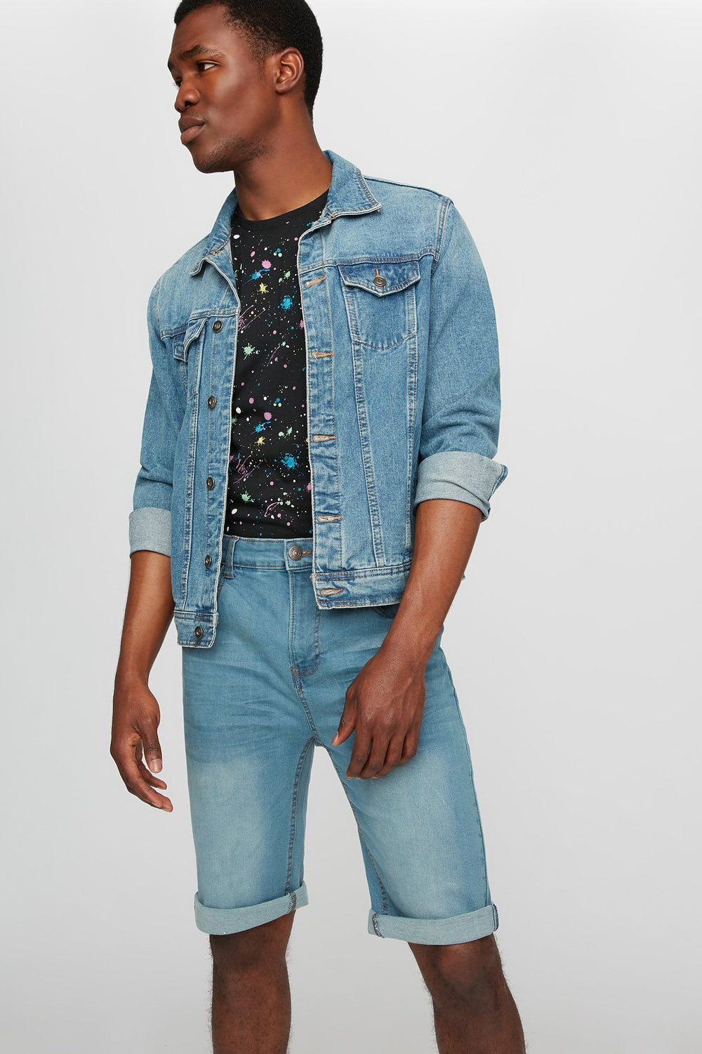 Men Light Stone Wash Roll-Up Slim Denim Short Light Denim Blue
