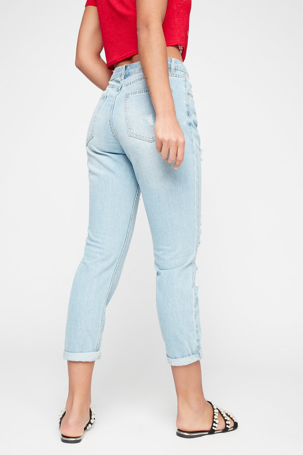 Women Light-Wash High-Rise Distressed Mom Jean Light Denim Blue