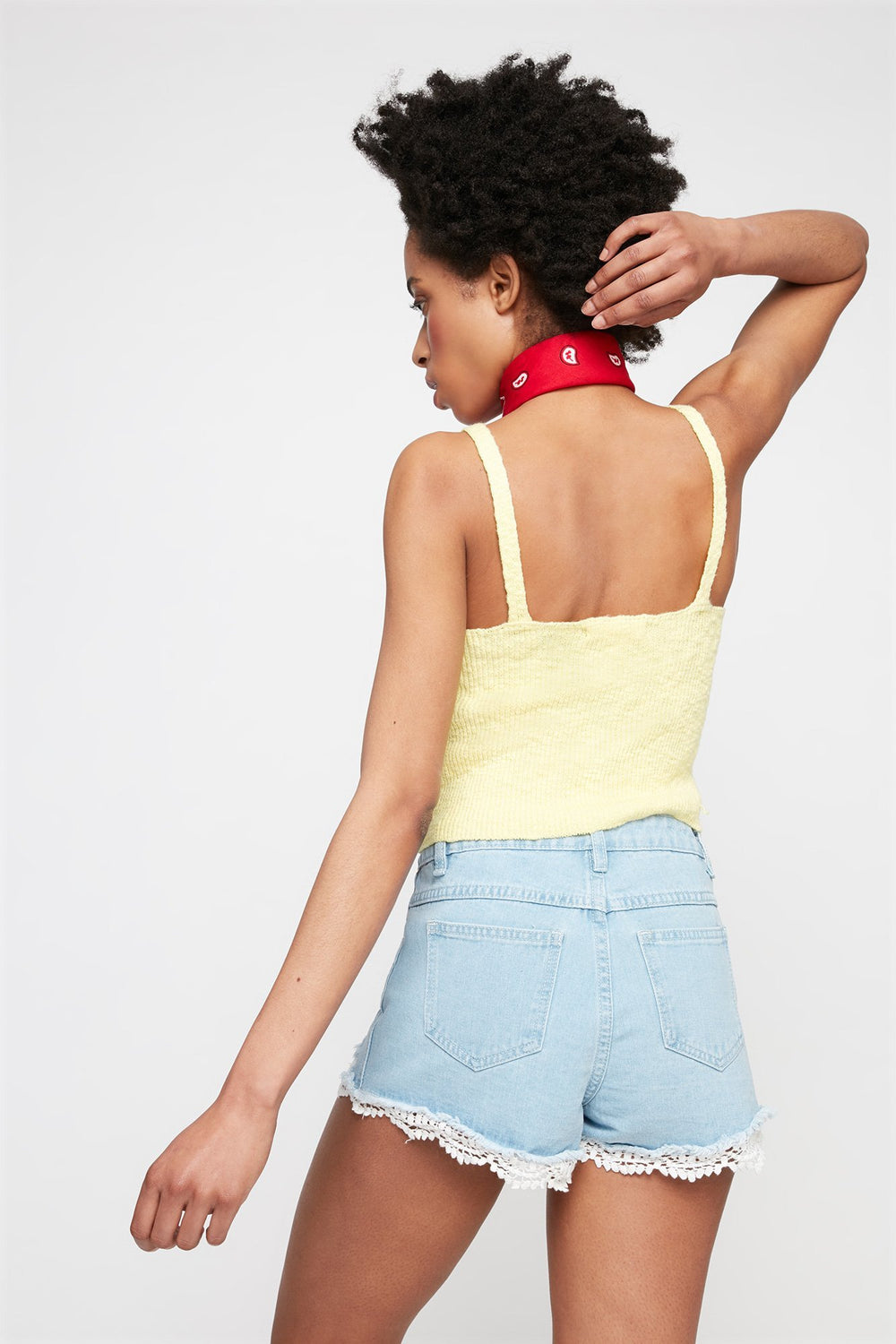 Women Low-Rise Distressed Crochet Hem Denim Short Light Denim Blue