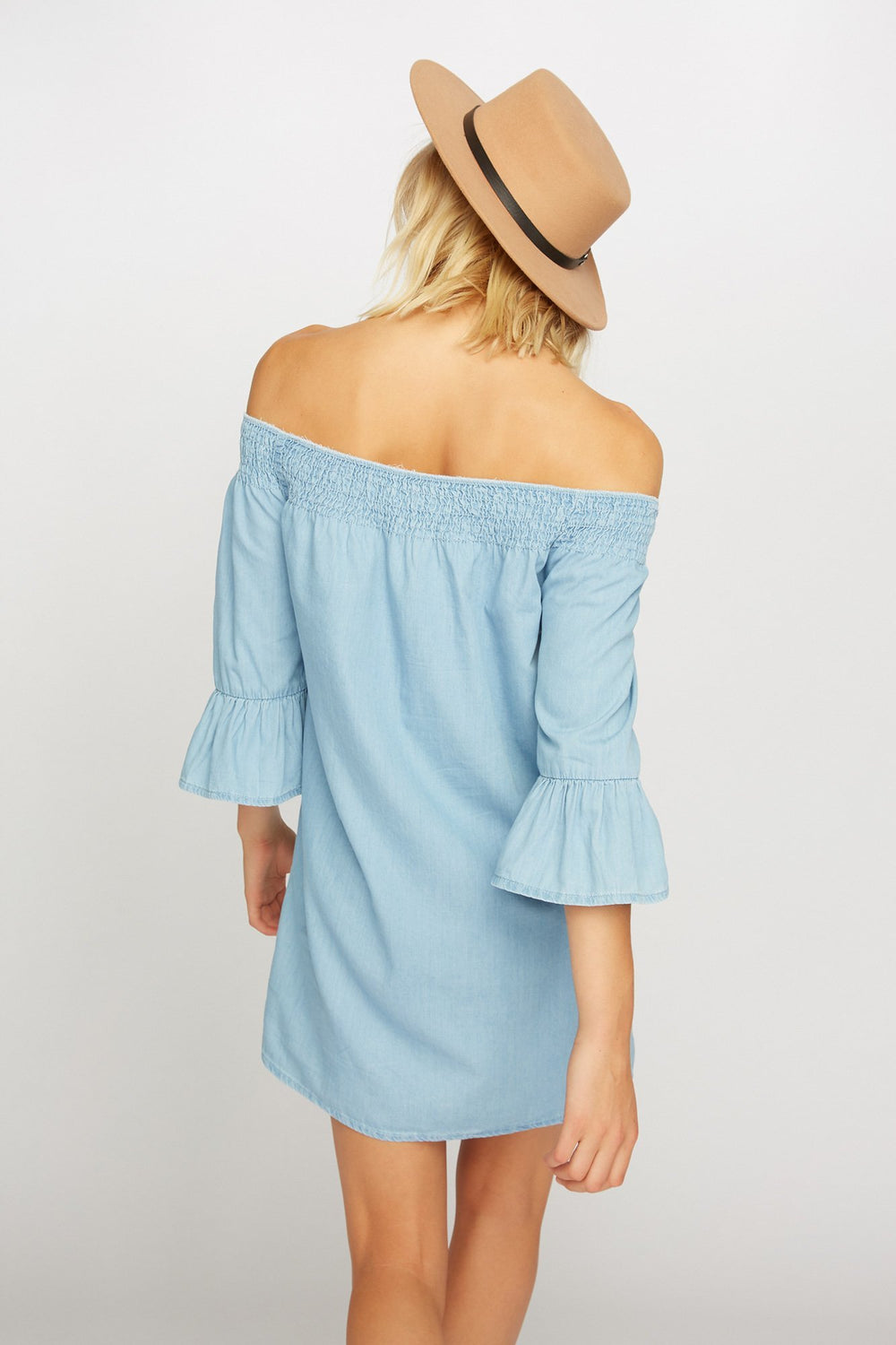 Women Off The Shoulder Smocked Bell Sleeve Denim Dress Light Denim Blue