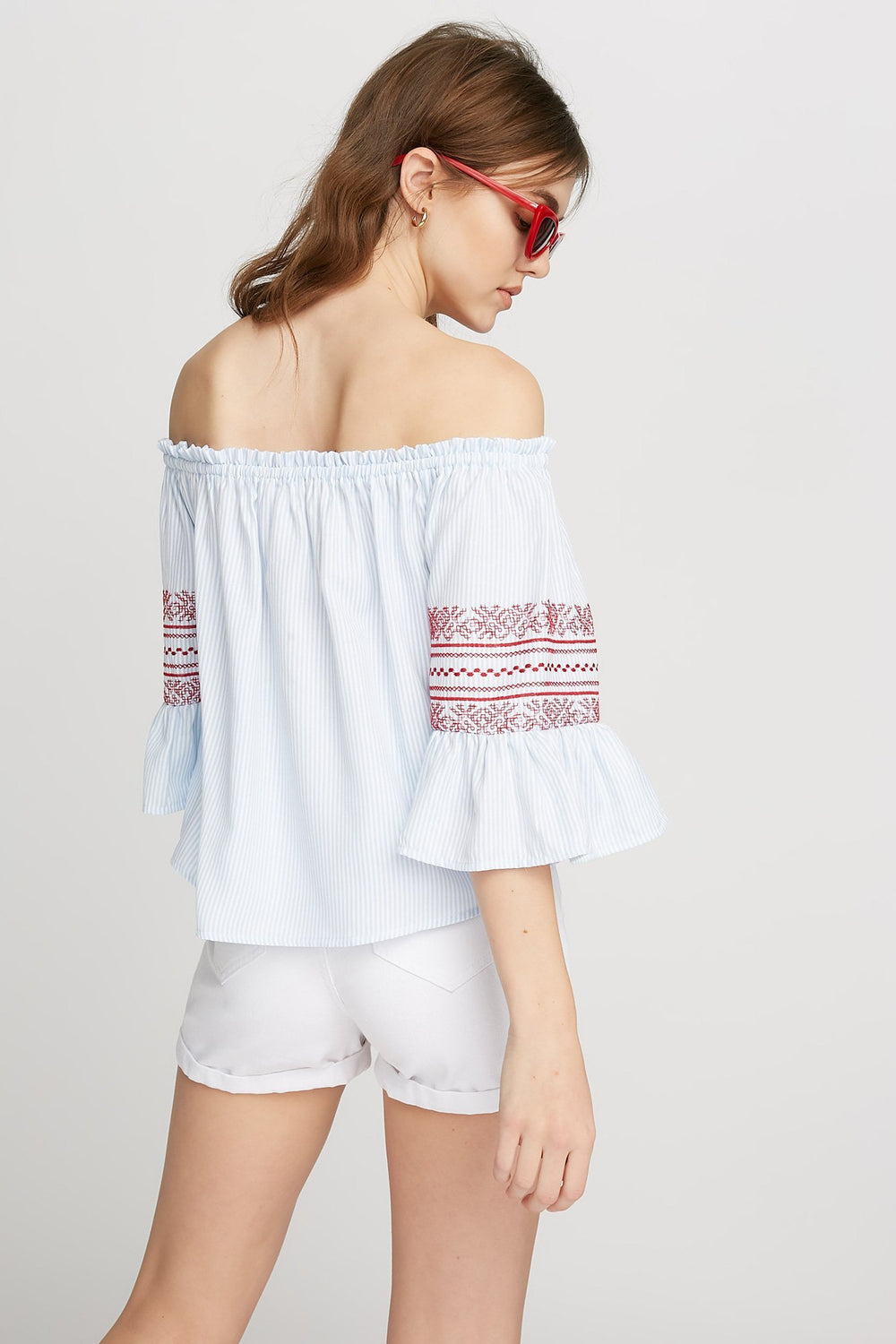 Women Off The Shoulder Striped Embroidered Ruffle Bell Sleeve Blouse Light Denim Blue