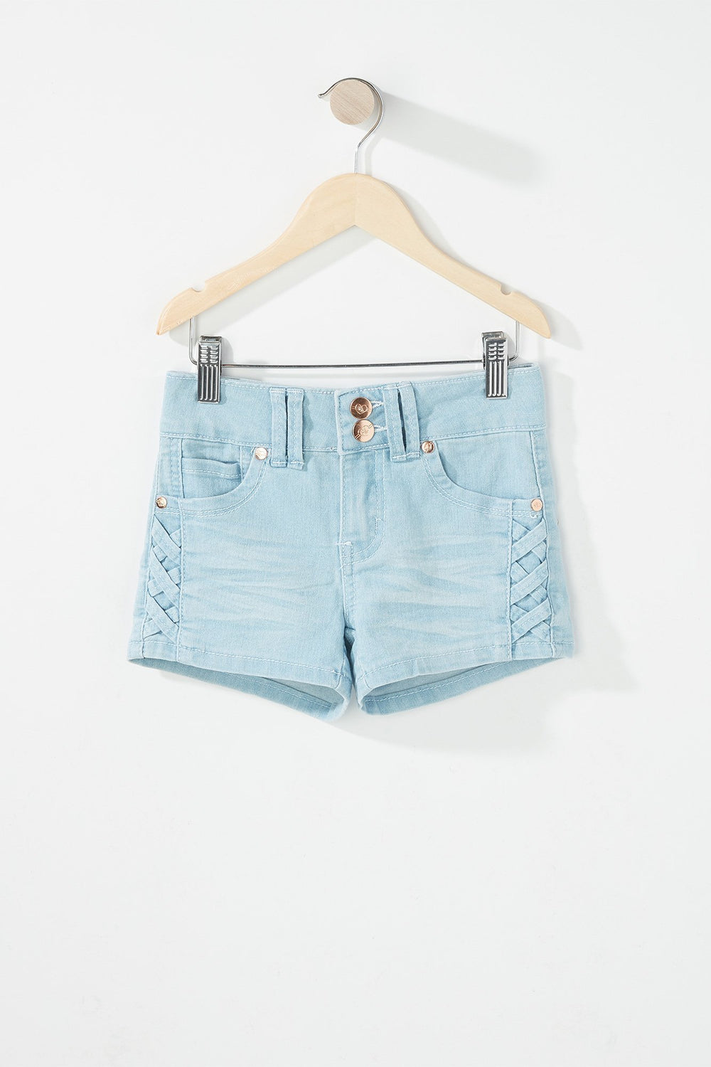 Kids Girls 2-Tier Caged Side Denim Short Light Denim Blue