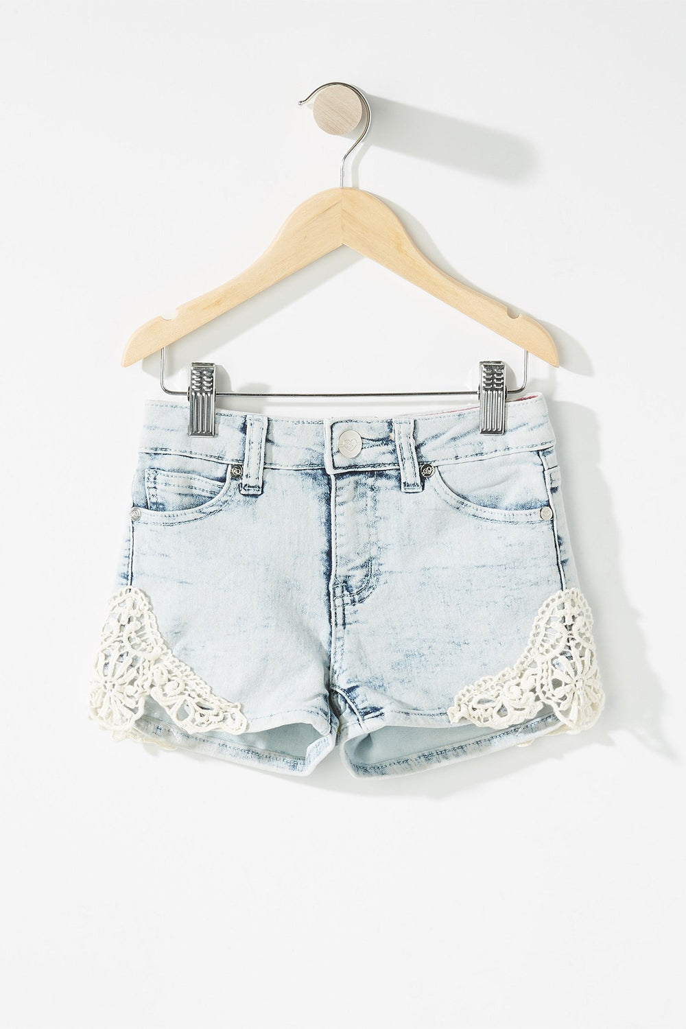 Kids Girls Acid Wash Crochet Denim Short Light Denim Blue