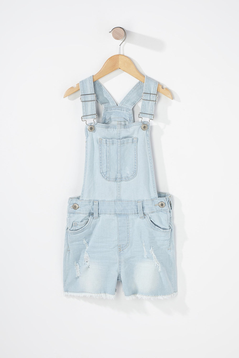 Kids Girls Distressed Frayed Hem Denim Shortall Light Denim Blue