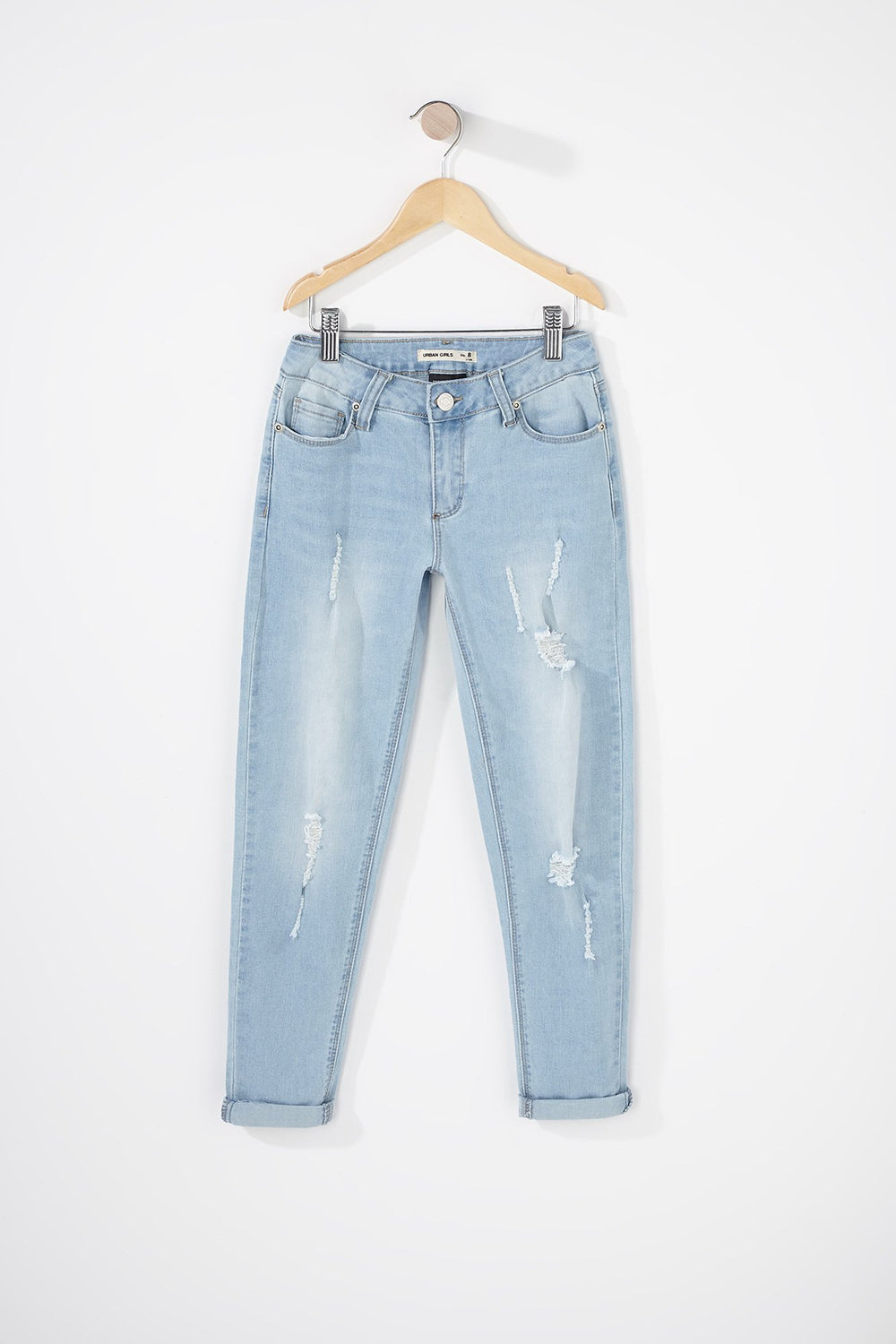 Kids Girls Distressed Roll-Up Skinny Jean Light Denim Blue