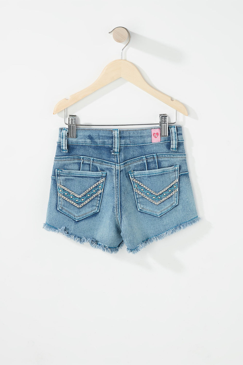 Kids Girls Embroidered Frayed Hem Denim Short Light Denim Blue