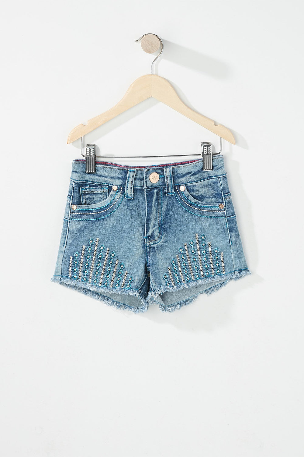 Kids Girls Embroidered Frayed Hem Denim Short Light Denim Blue