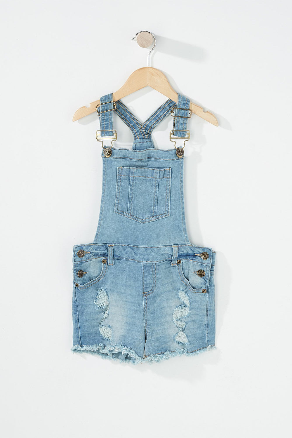 Kids Girls Frayed Hem Distressed Shortall Light Denim Blue