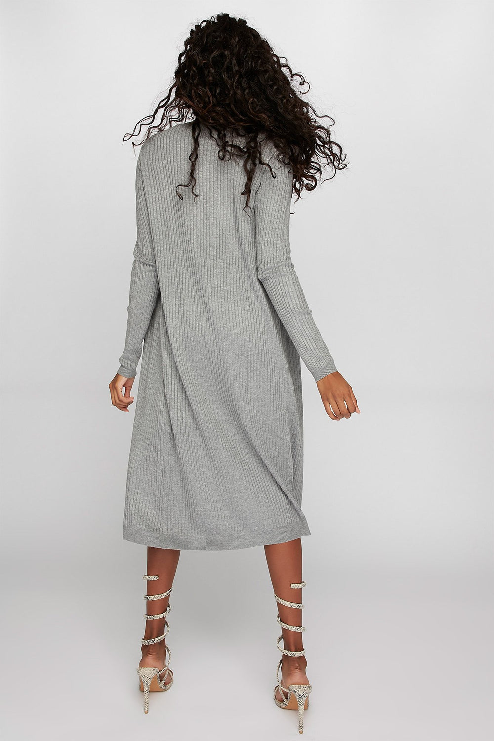 Women Longline Ribbed Side Slit Open-Front Cardigan Light Grey