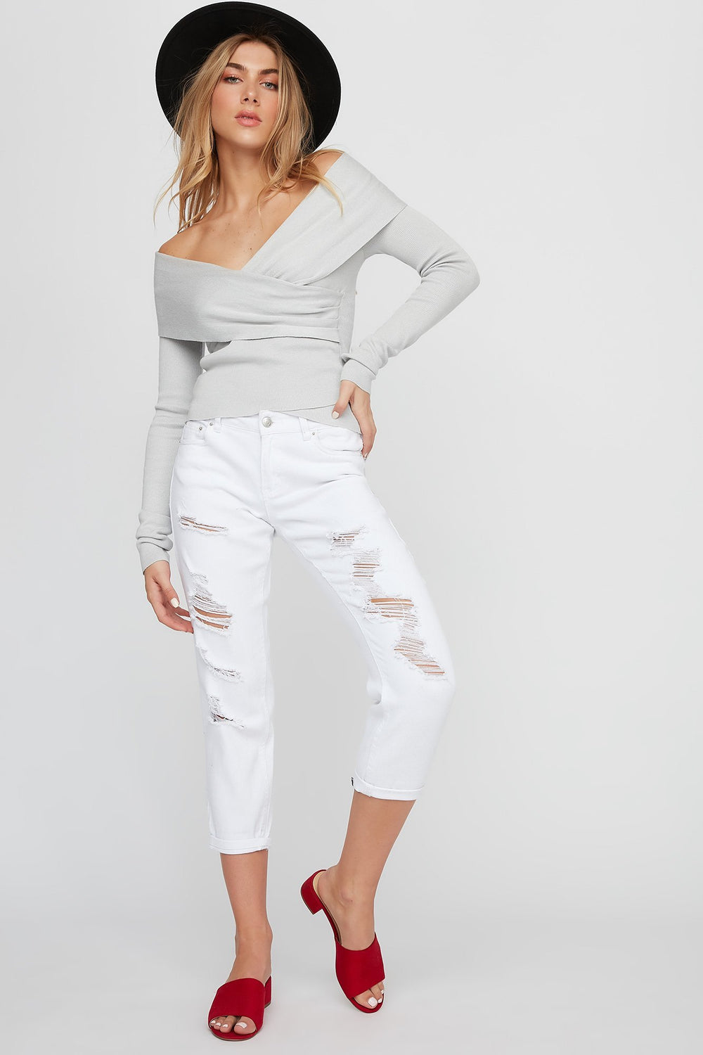 Women Off The Shoulder Cross-Front Ribbed Long Sleeve Light Grey