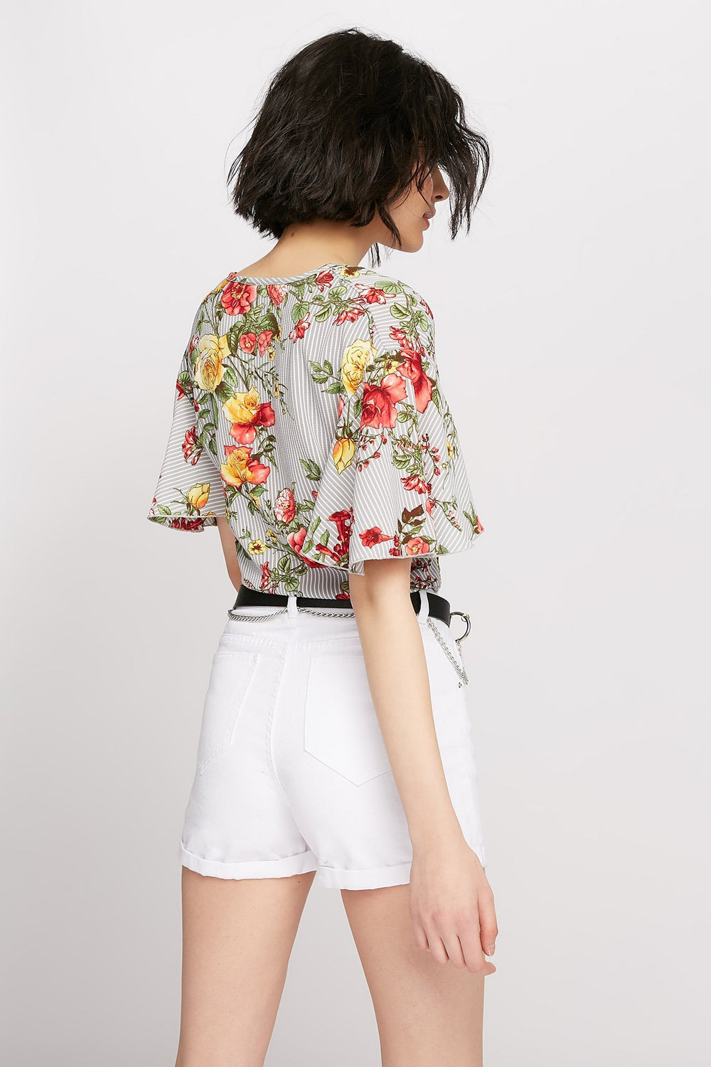 Women Floral Printed Front-Knot Cropped Bell Sleeve Blouse Light Grey