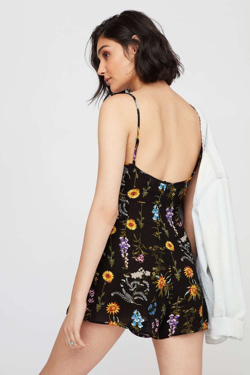 Women Front-Knot Open-Back Floral Romper Light Grey