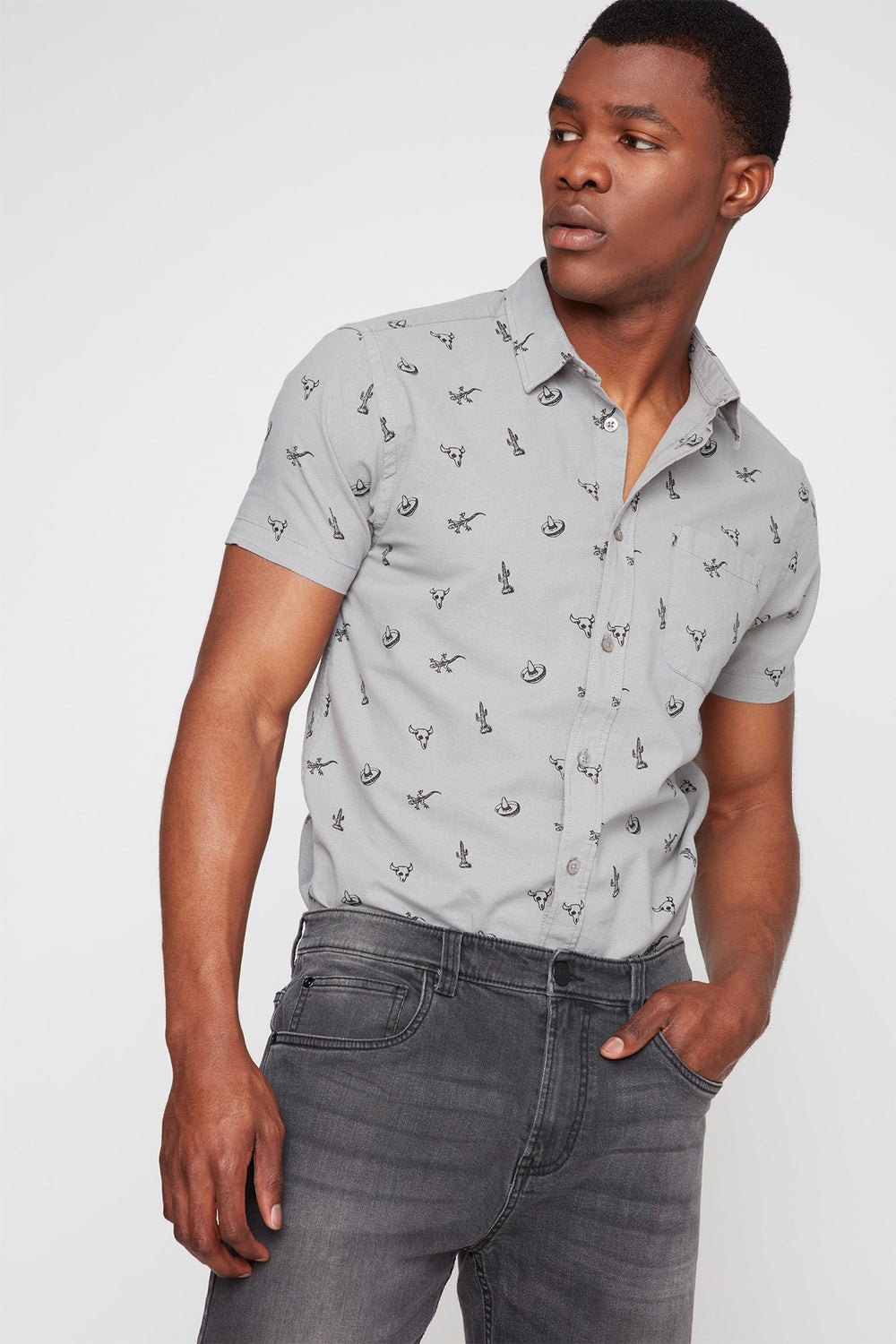 Men Printed Cactus Short Sleeve Button-Up Shirt Light Grey