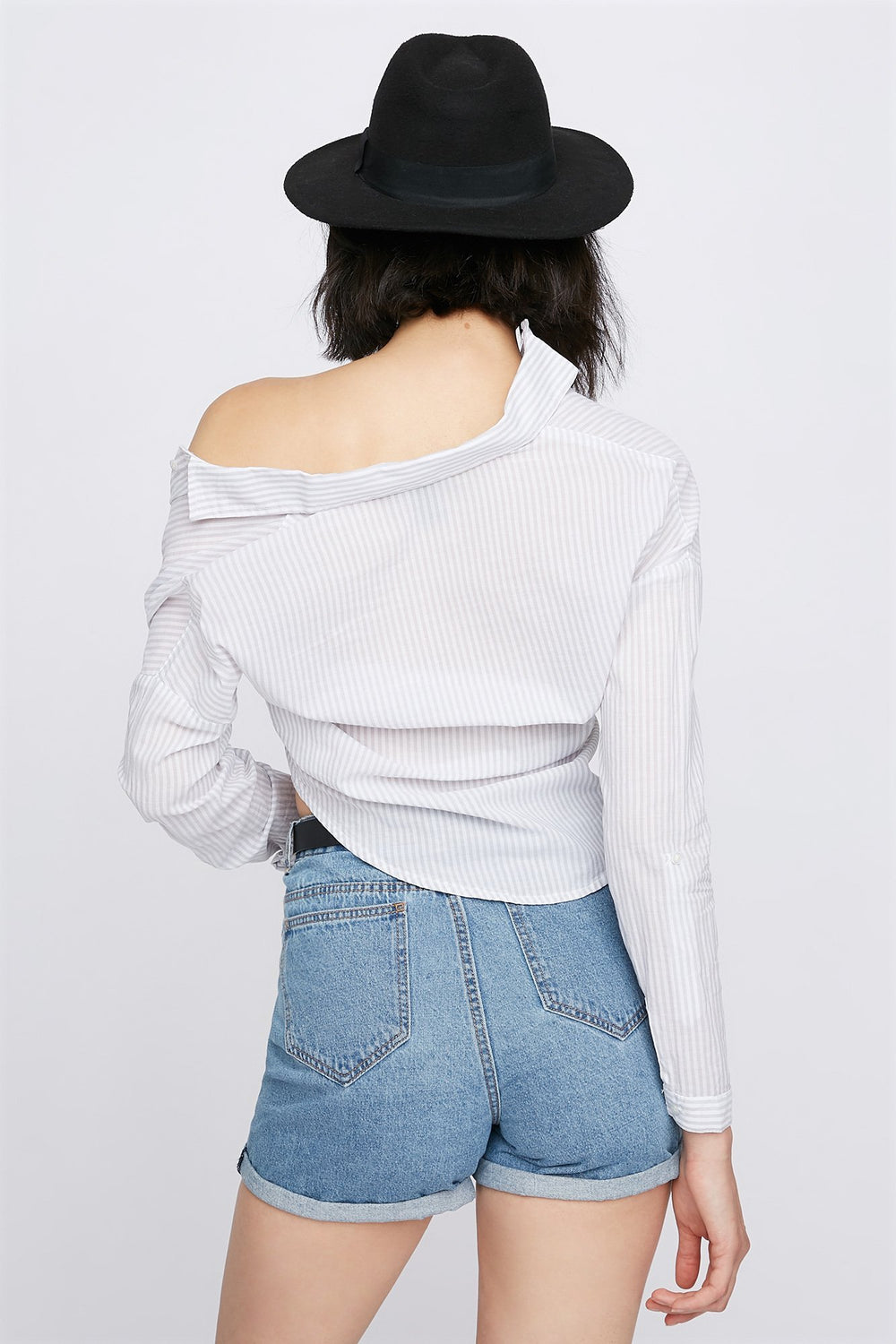 Women Striped Button-Up Front-Knot Long Sleeve Light Grey
