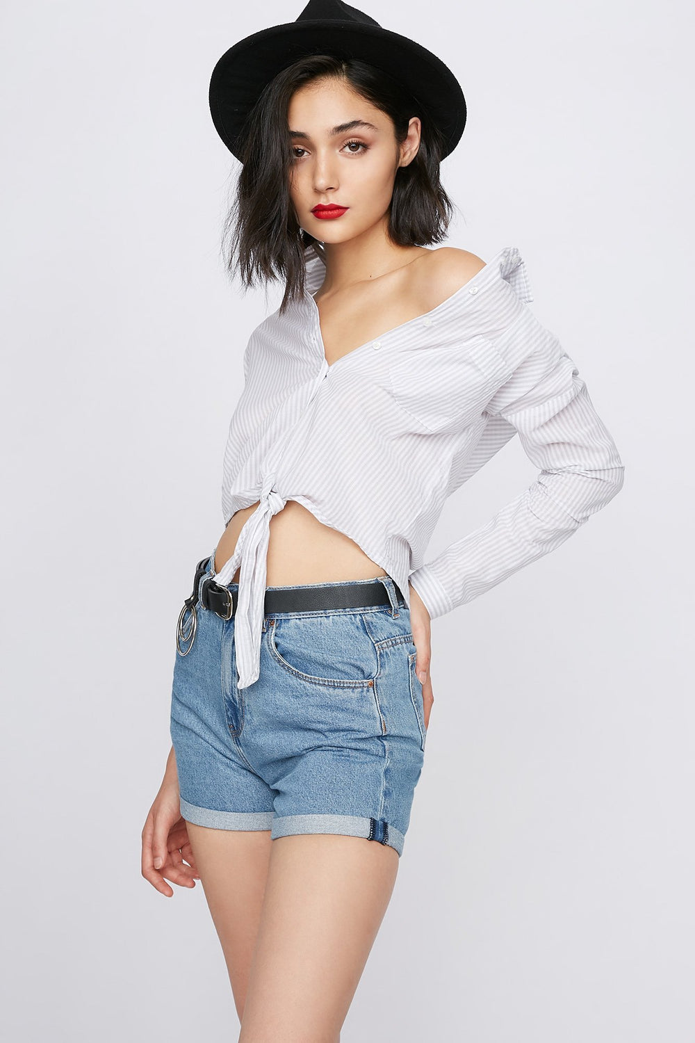 Women Striped Button-Up Front-Knot Long Sleeve Light Grey