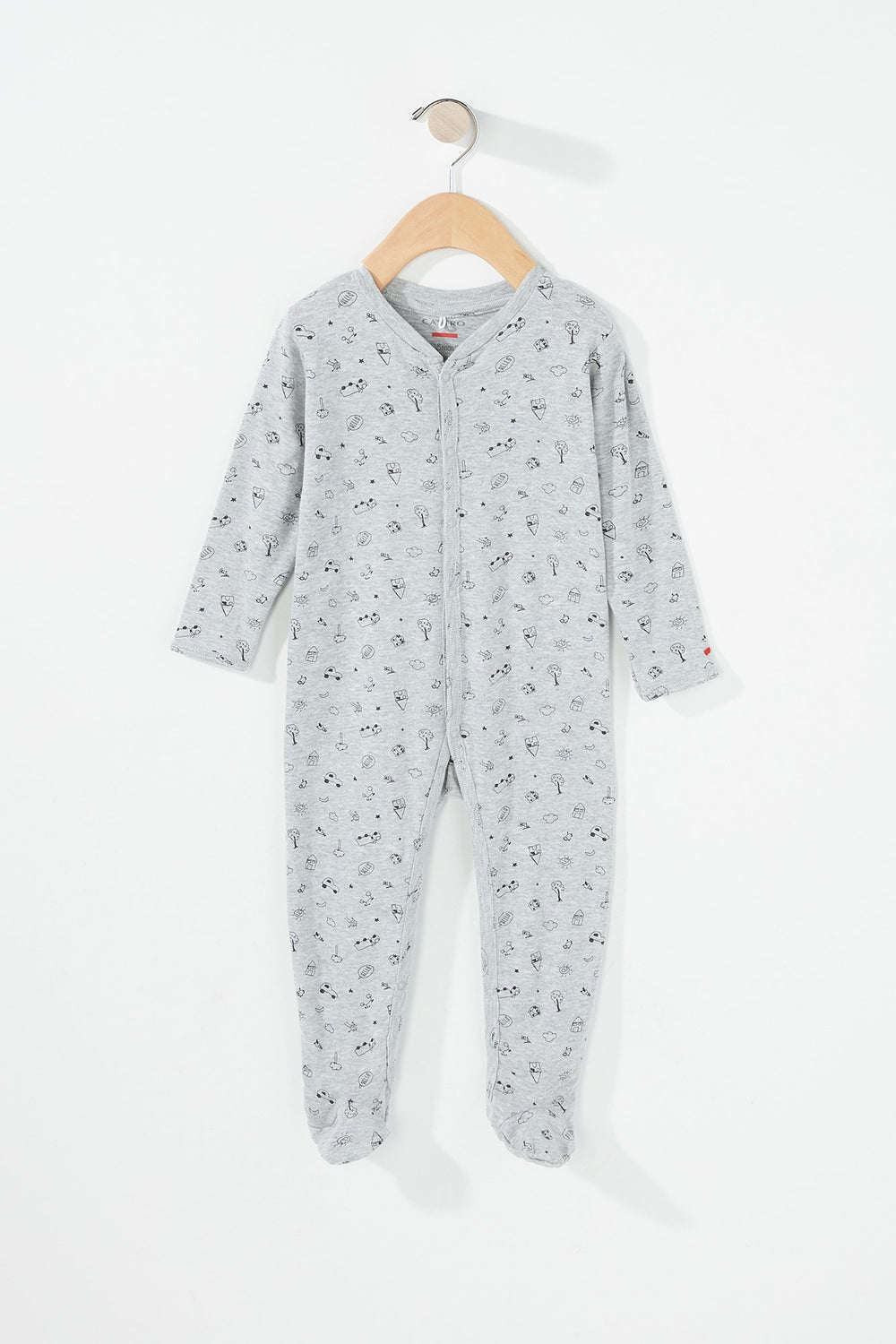 Kids Baby Boy Long Sleeve Printed Footed Onesie Light Grey