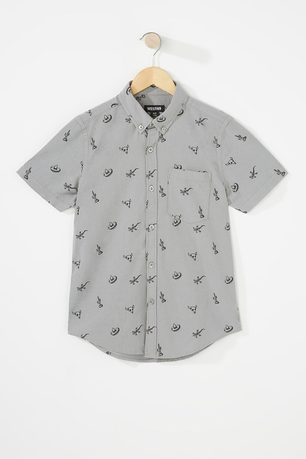 Kids Boys Pinned Collar Printed Button-Up Short Sleeve Shirt Light Grey