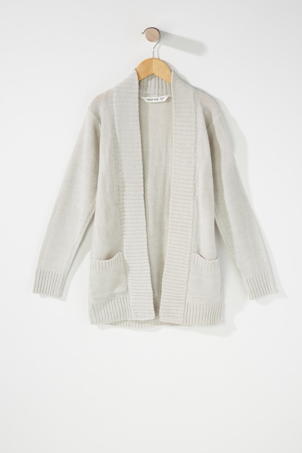 Kids Girls Knit Open-Front Pocket Cardigan Light Grey