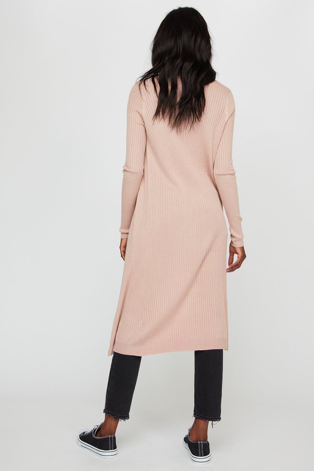 Women Longline Ribbed Open-Front Cardigan Light Pink