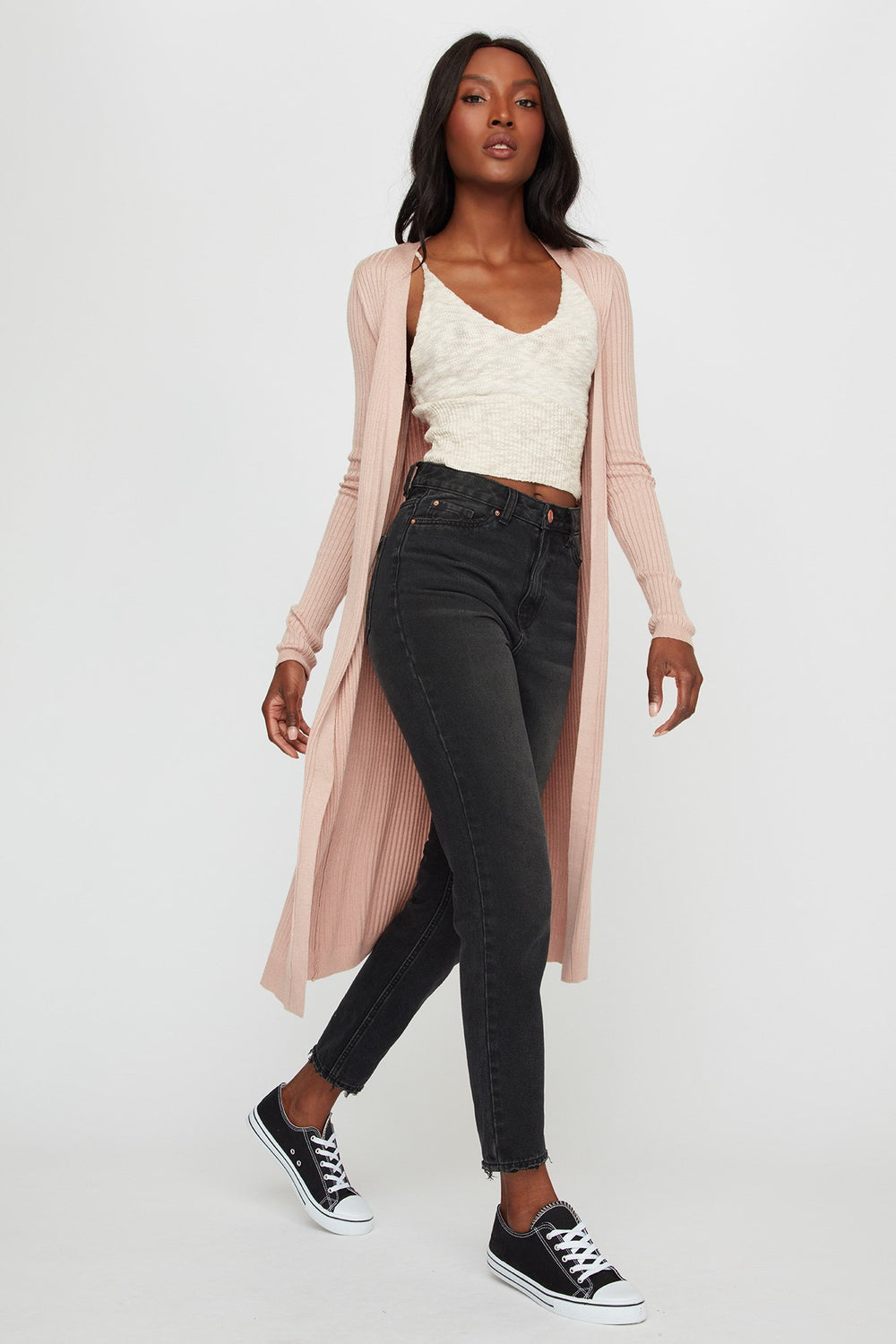 Women Longline Ribbed Open-Front Cardigan Light Pink