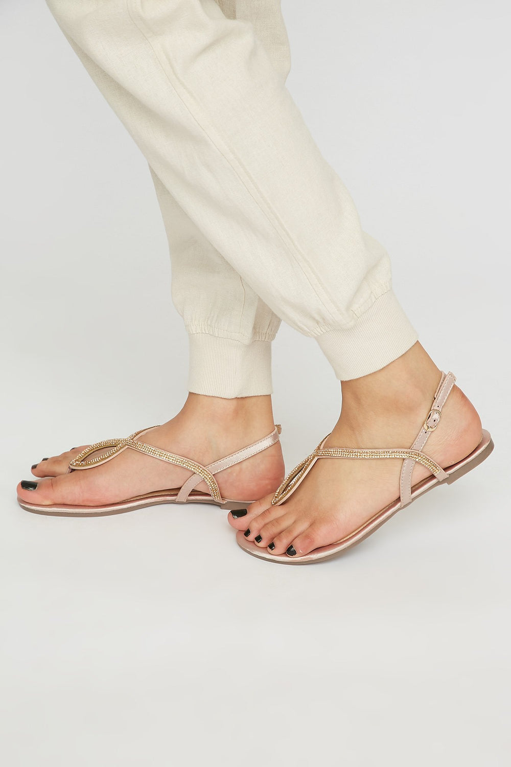 Women Rhinestone T-Bar Satin Sandal Light Pink