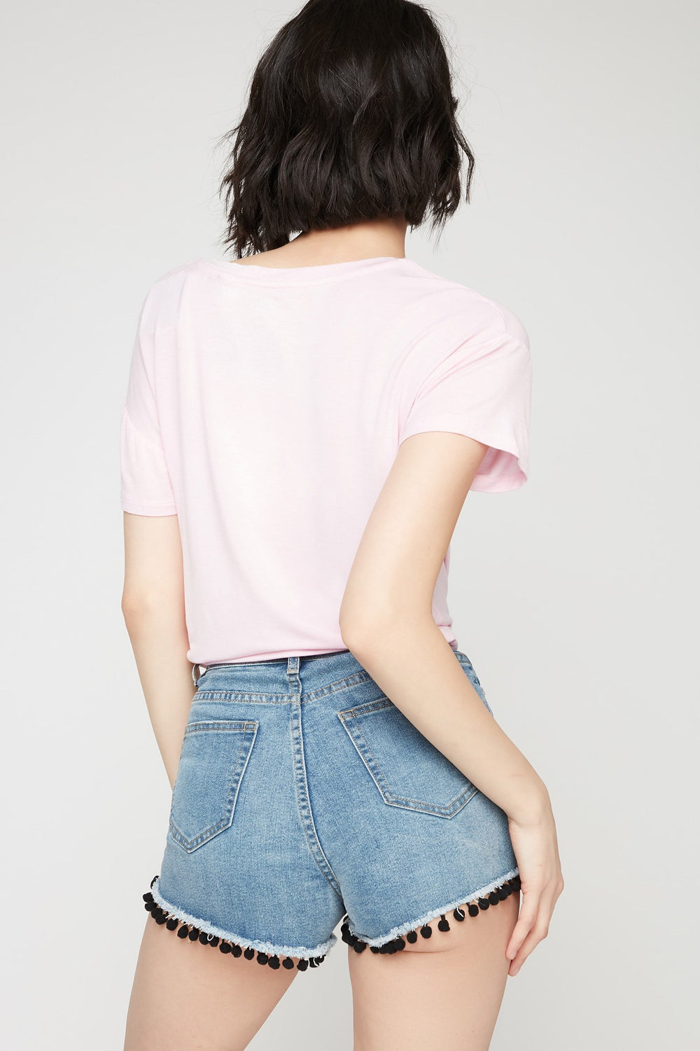 Women Front-Knot Embroidered Mickey Mouse T-Shirt Light Pink