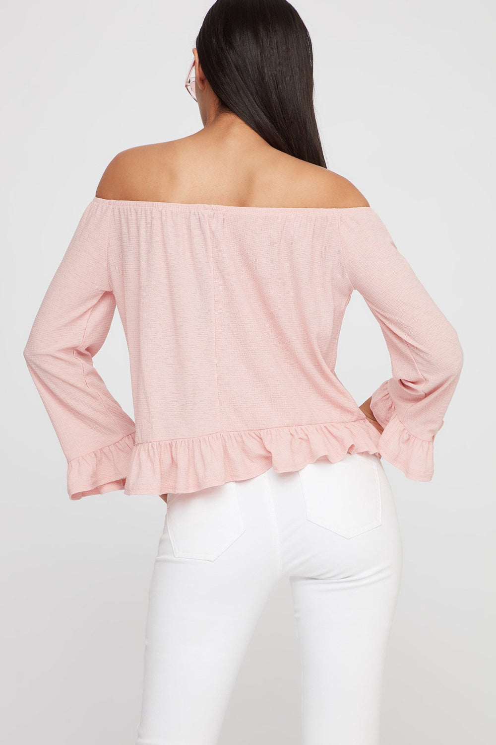 Women Off The Shoulder Ruffle Bell Sleeve Peplum Blouse Light Pink