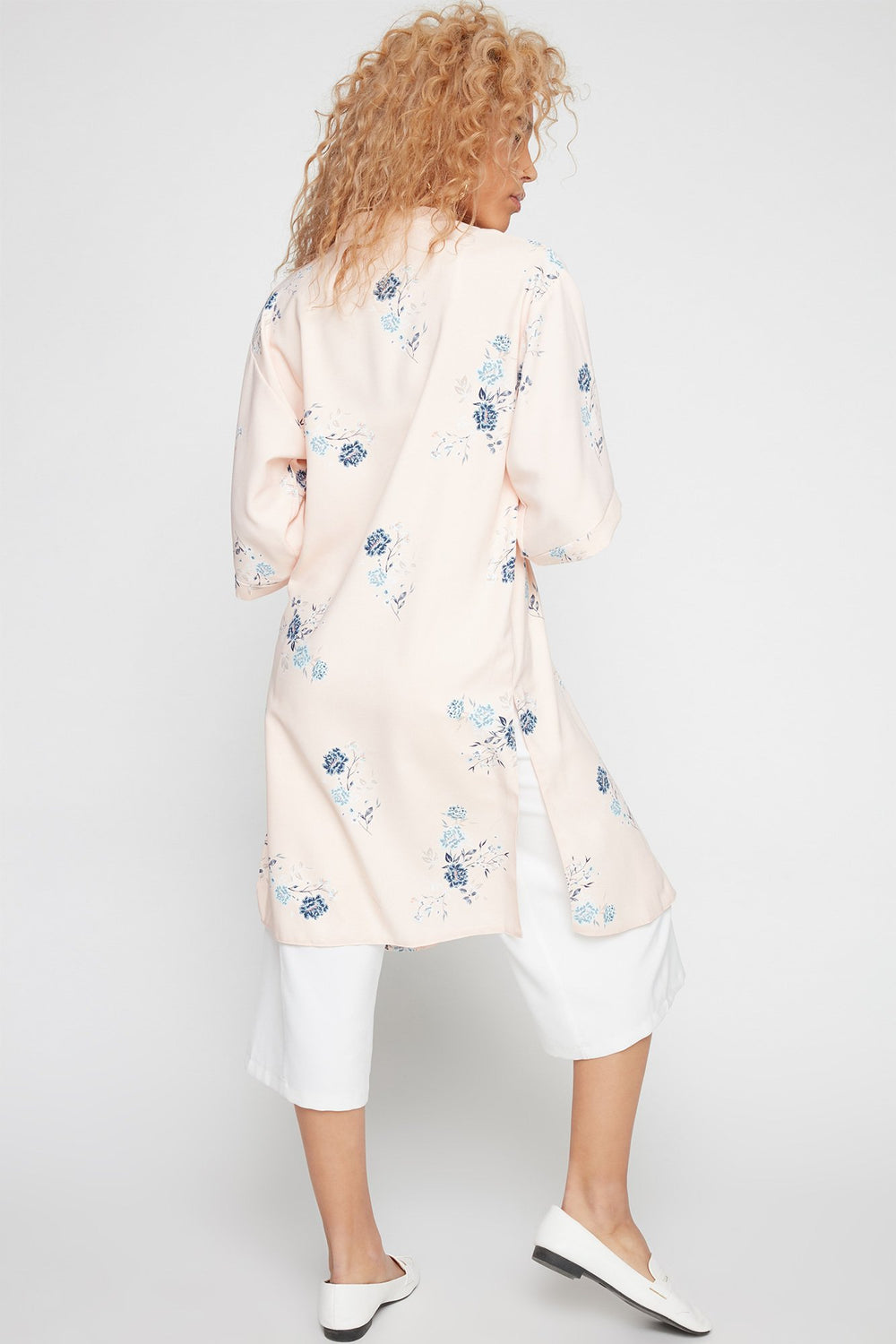 Women Open-Front Printed Side Slit Kimono Cardigan Light Pink