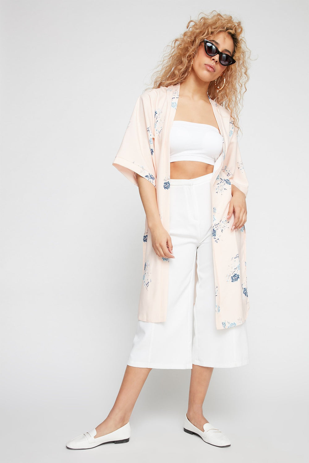 Women Open-Front Printed Side Slit Kimono Cardigan Light Pink