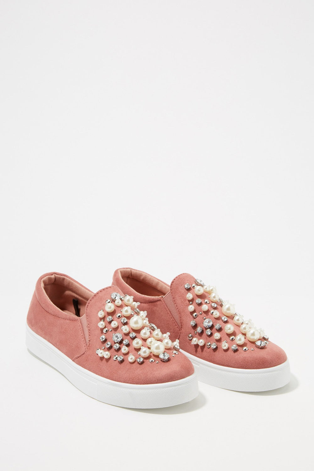 Women Pearl Rhinestone Studded Slip-On Sneaker Light Pink