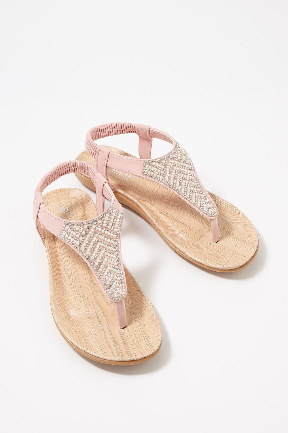 Women Rhinestone Pearl T-Bar Sandal Light Pink