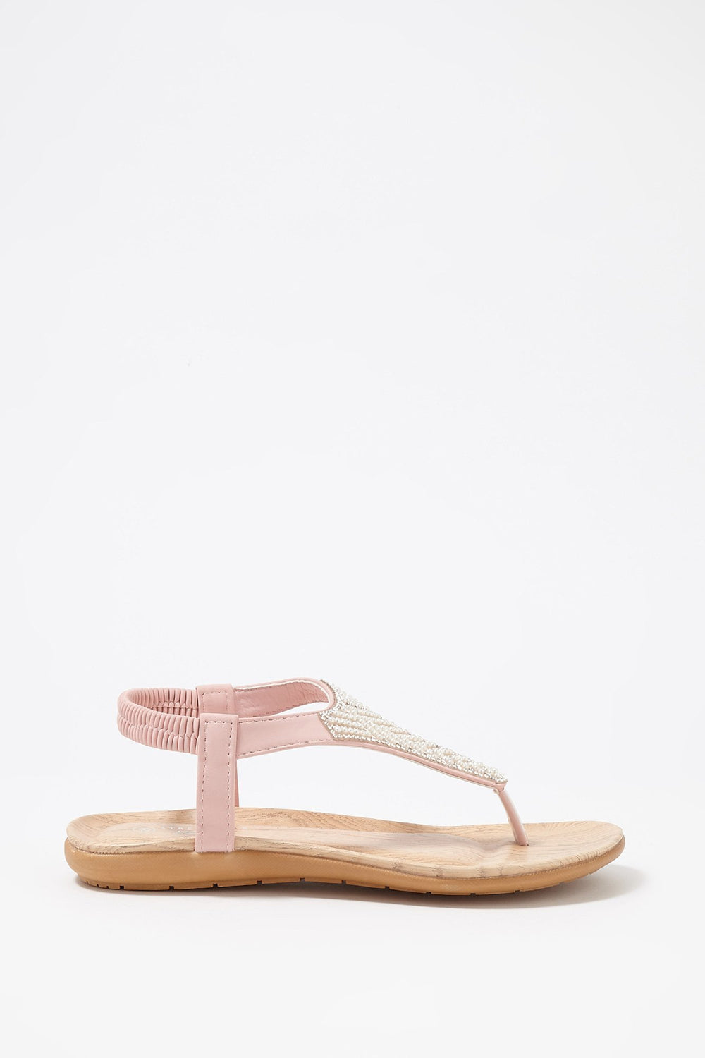 Women Rhinestone Pearl T-Bar Sandal Light Pink