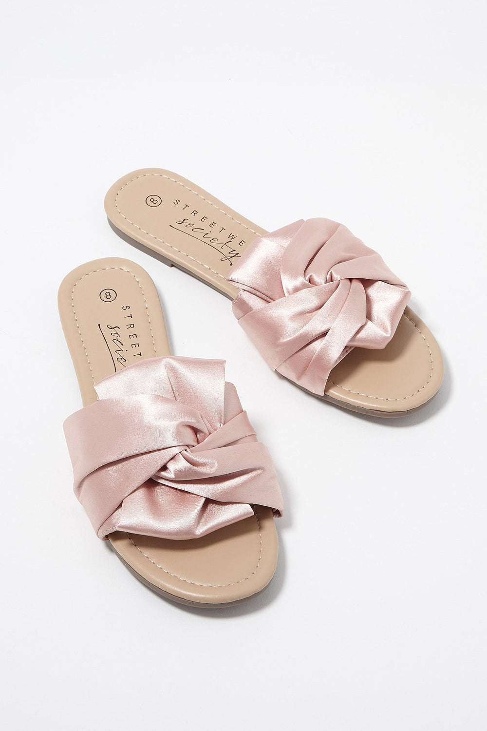 Women Satin Bowtie Ruffle Slip-On Sandal Light Pink