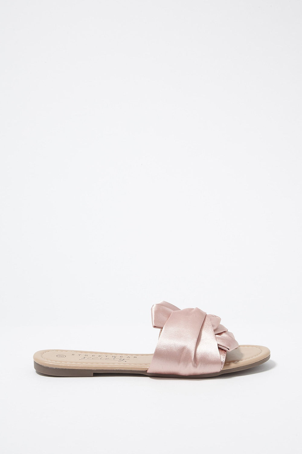 Women Satin Bowtie Ruffle Slip-On Sandal Light Pink