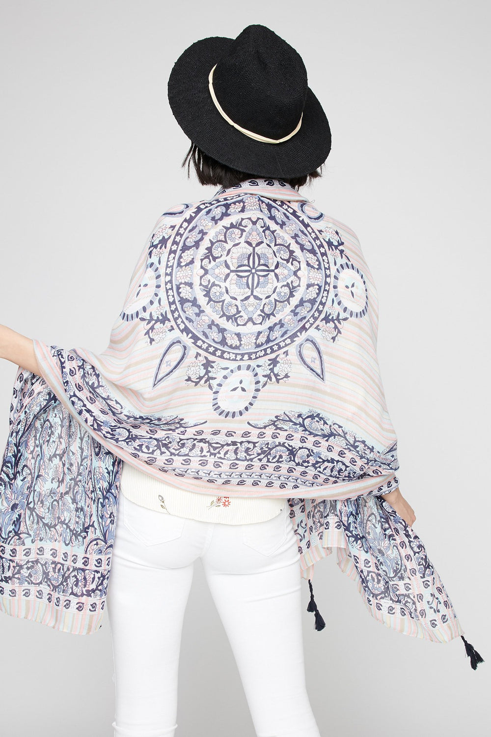 Women Tribal Tassel Scarf Light Pink