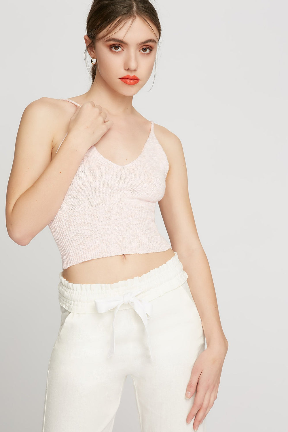 Women V-Neck Knit Cropped Camisole Light Pink