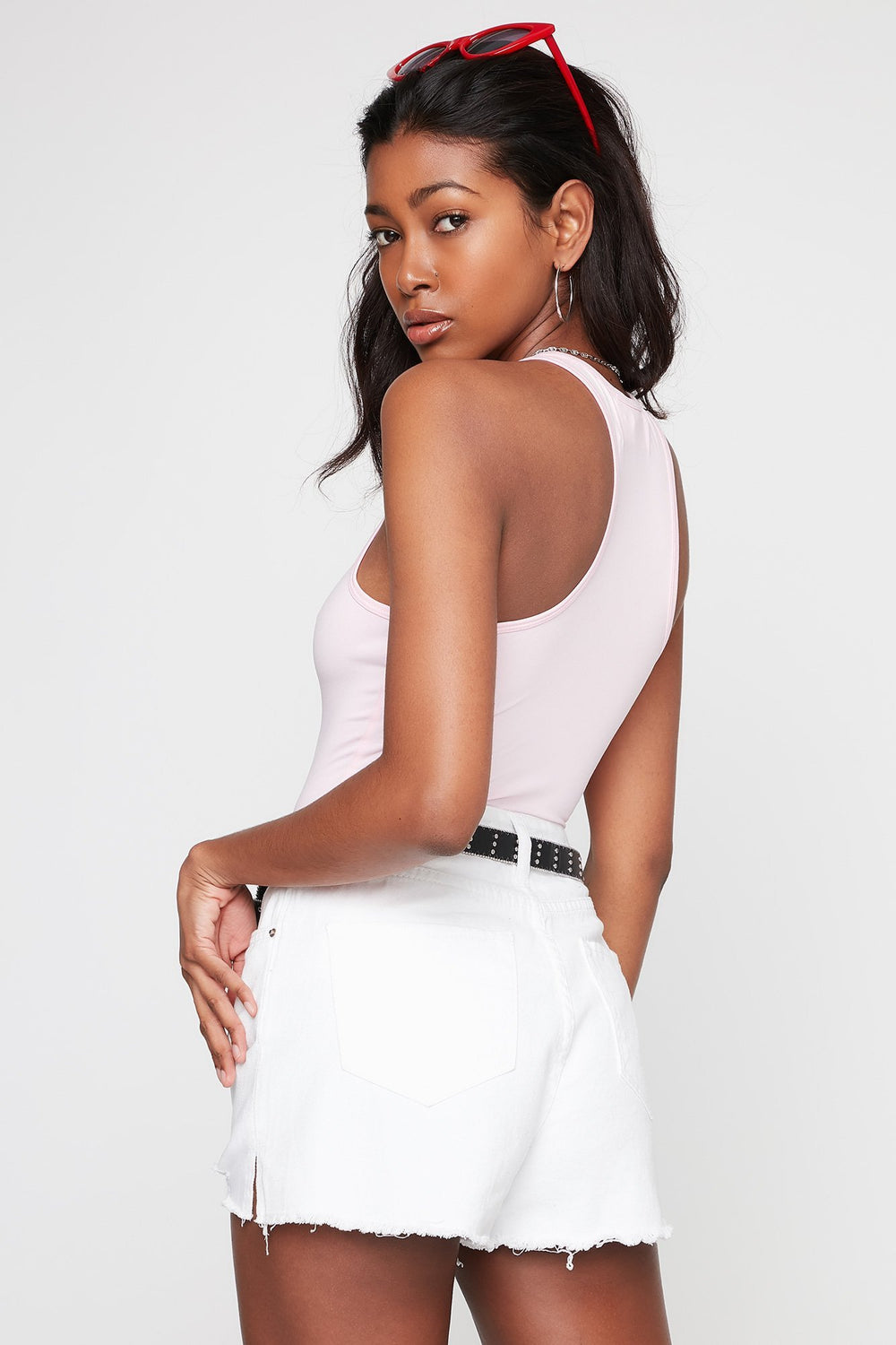 Women V-Neck Racerback Soft Bodysuit Light Pink