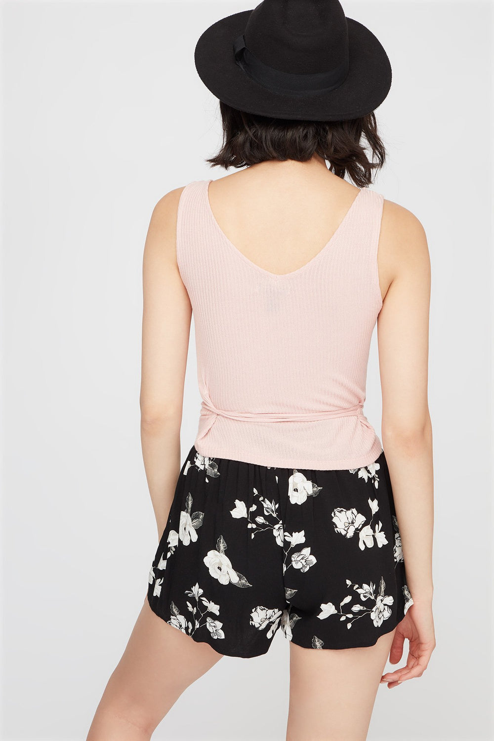 Women V-Neck Ribbed Faux-Wrap Self-Tie Tank Light Pink