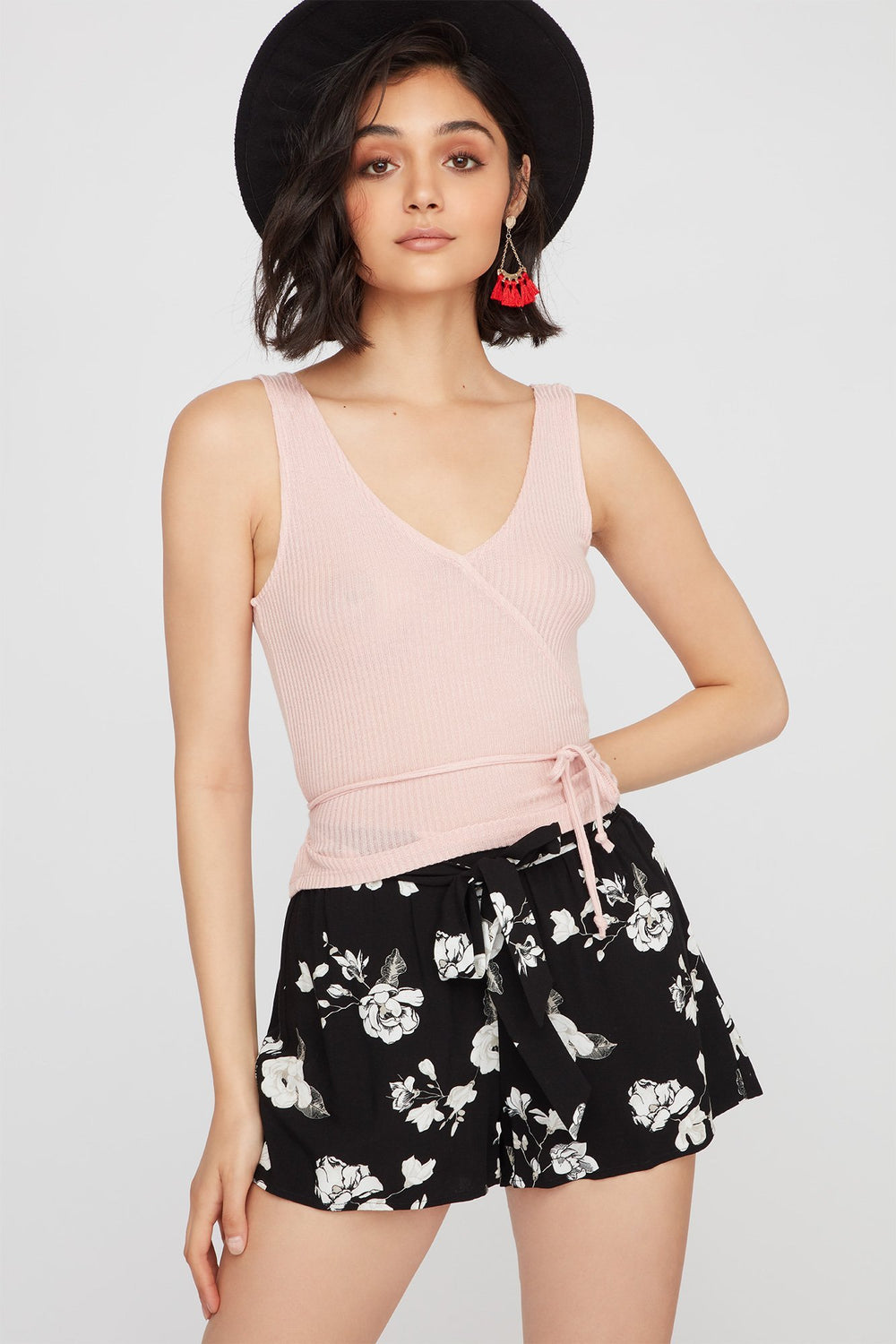 Women V-Neck Ribbed Faux-Wrap Self-Tie Tank Light Pink