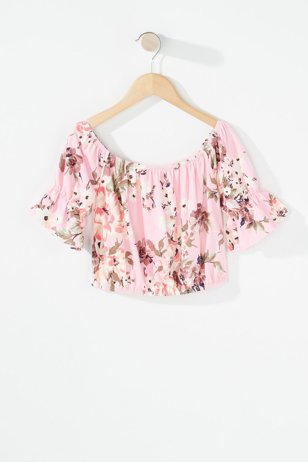 Kids Girls 2-Piece Floral Ruffle Blouse & Short Set Light Pink