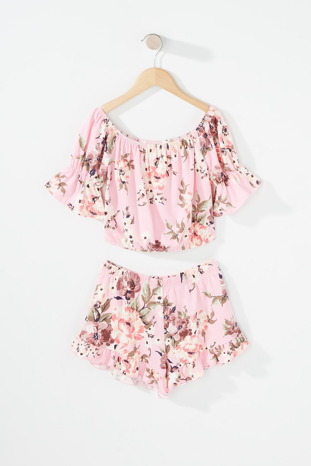Kids Girls 2-Piece Floral Ruffle Blouse & Short Set Light Pink