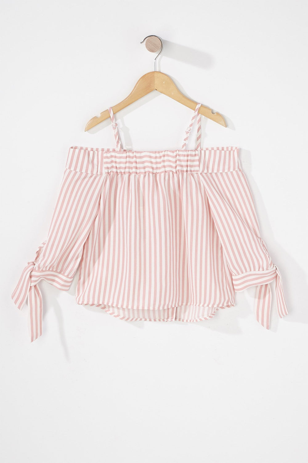Kids Girls Cold Shoulder Button-Up Sleeve-Tie Blouse Light Pink